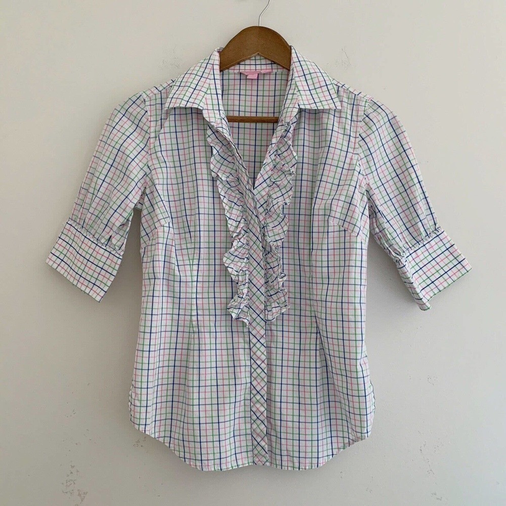Lilly Pulitzer Check Print Ruffle Button Front Shirt Sz 2 Preppy Summer